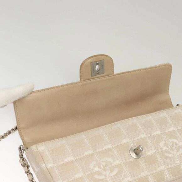 CHANEL New Travel line Choco Bar Chain Shoulder Bag Nylon Beige CC Auth 120002 - Picture 9 of 16